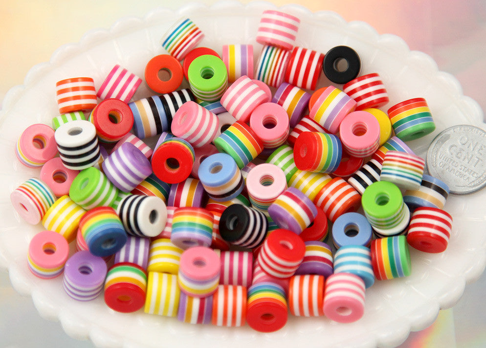 10mm Striped Roller Resin Beads, cylinder shape, mixed color, small size beads - 80 pc set