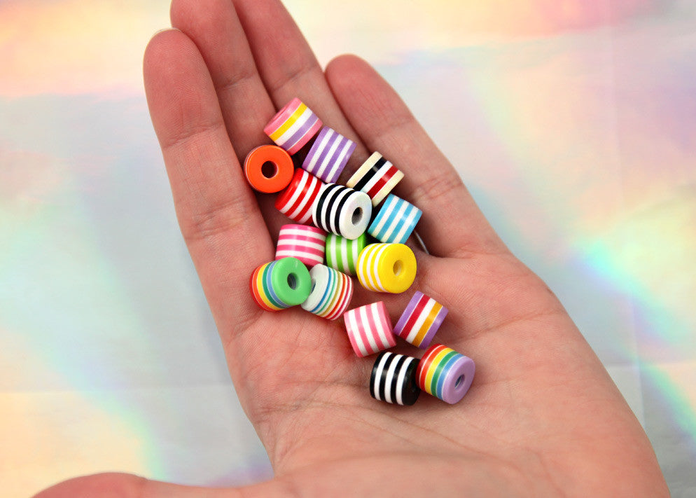 10mm Striped Roller Resin Beads, cylinder shape, mixed color, small size beads - 80 pc set