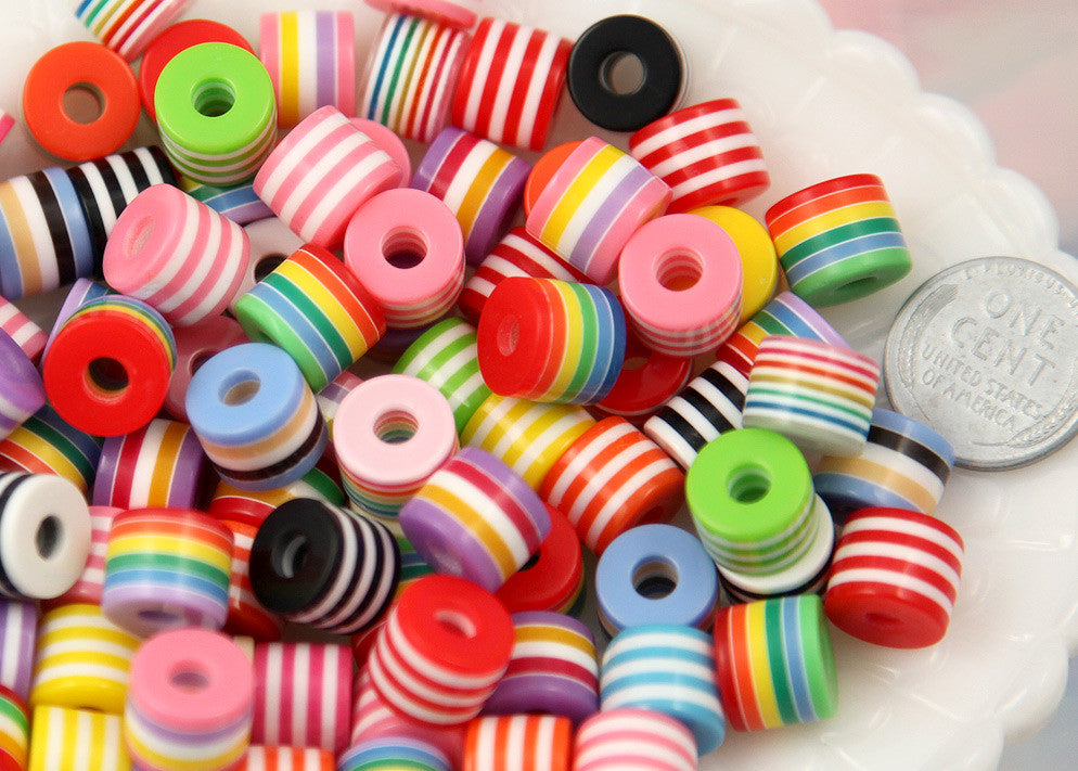 10mm Striped Roller Resin Beads, cylinder shape, mixed color, small size  beads - 80 pc set