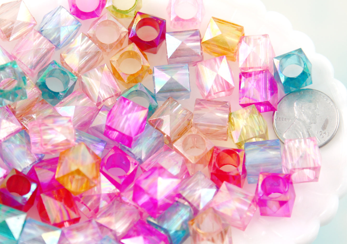 Cube Beads - 11mm Large Hole Pastel Faceted AB Cube Square Transparent Acrylic or Plastic Beads - 100 pc set