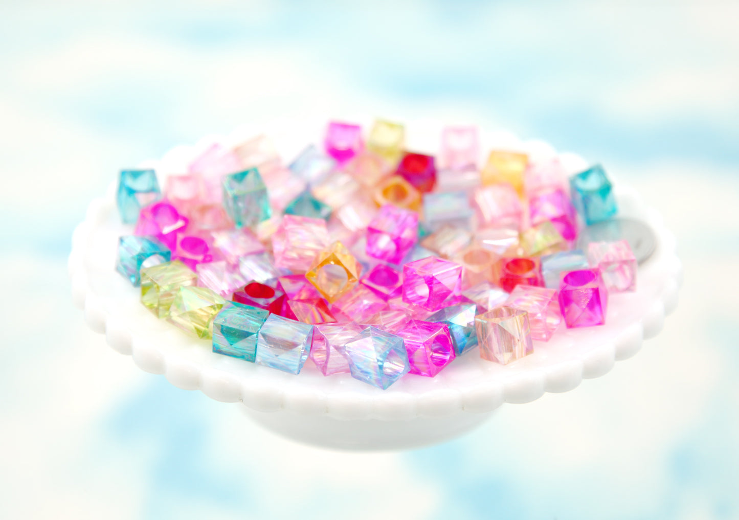 Cube Beads - 11mm Large Hole Pastel Faceted AB Cube Square Transparent Acrylic or Plastic Beads - 100 pc set