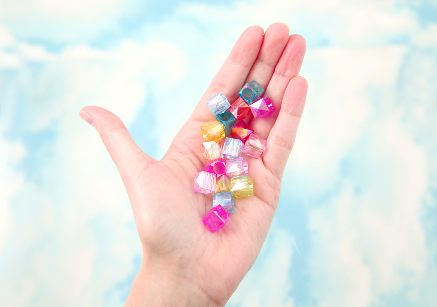 Cube Beads - 11mm Large Hole Pastel Faceted AB Cube Square Transparent Acrylic or Plastic Beads - 100 pc set