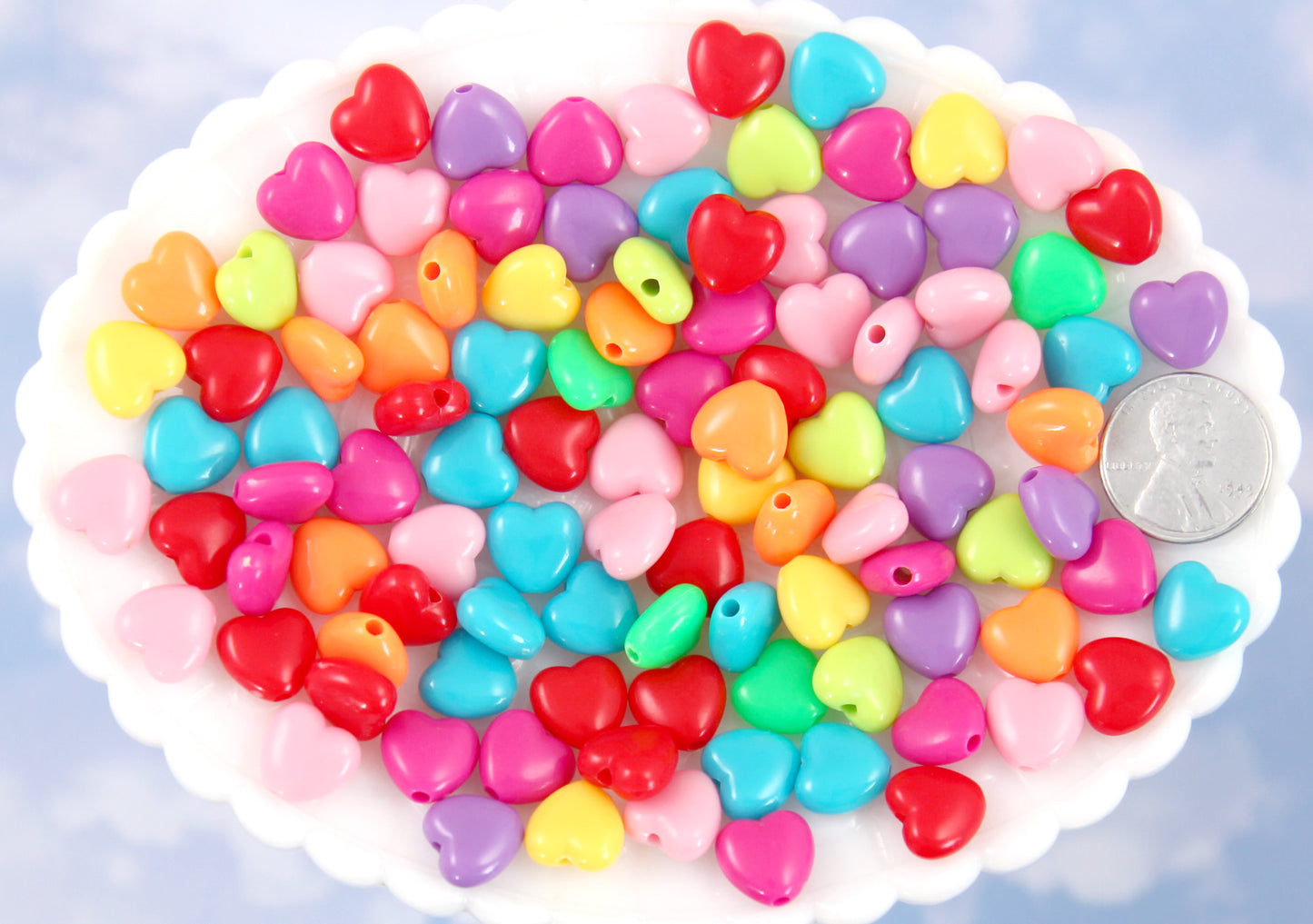 Plastic Heart Beads - 11mm Small Bright Color Plastic Puffy Heart Resin or Acrylic Beads - 100 pc set