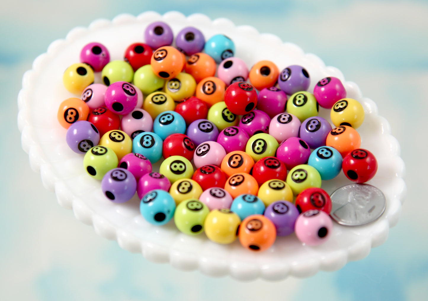 Colorful 8ball Beads - 10mm 8-ball Mixed Color with Black Round Billiard Eight Ball Pool Ball Acrylic or Resin Beads - 65 pc set