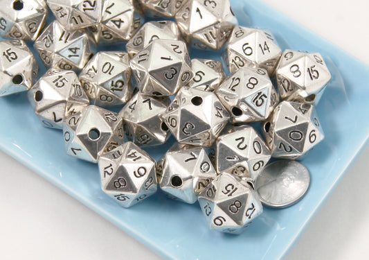 D20 Beads - 10 pc set - 20mm Polyhedral Dice Beads D12 D16 DND Beads - Electroplated Silver - Drilled with Holes to Easily make Jewelry