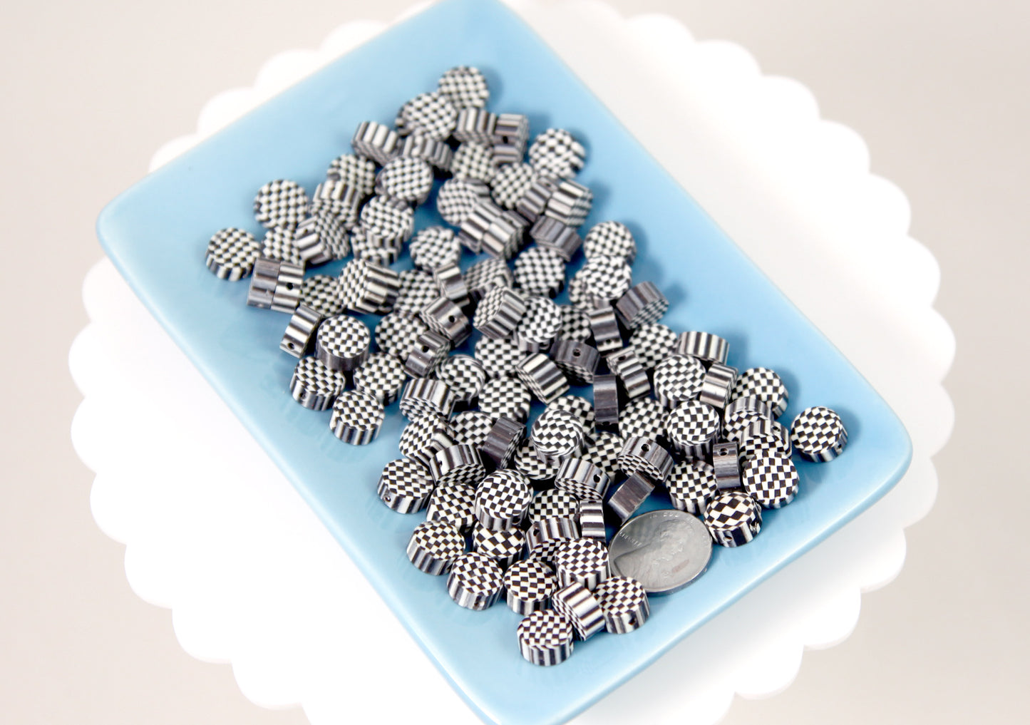 Checker Beads - 10mm Checkerboard Black and White Fimo or Polymer Clay Beads - 50 pc set