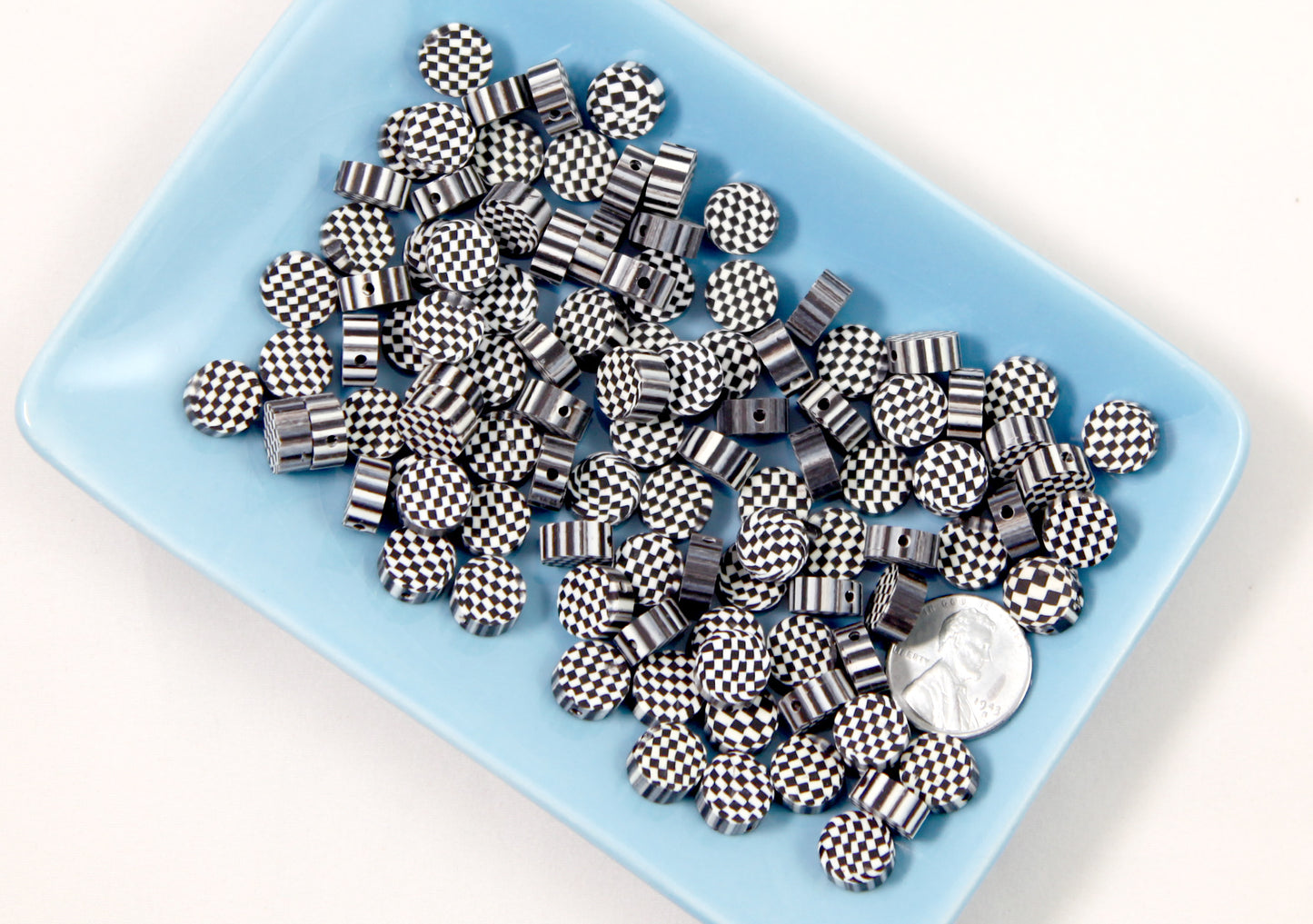 Checker Beads - 10mm Checkerboard Black and White Fimo or Polymer Clay Beads - 50 pc set