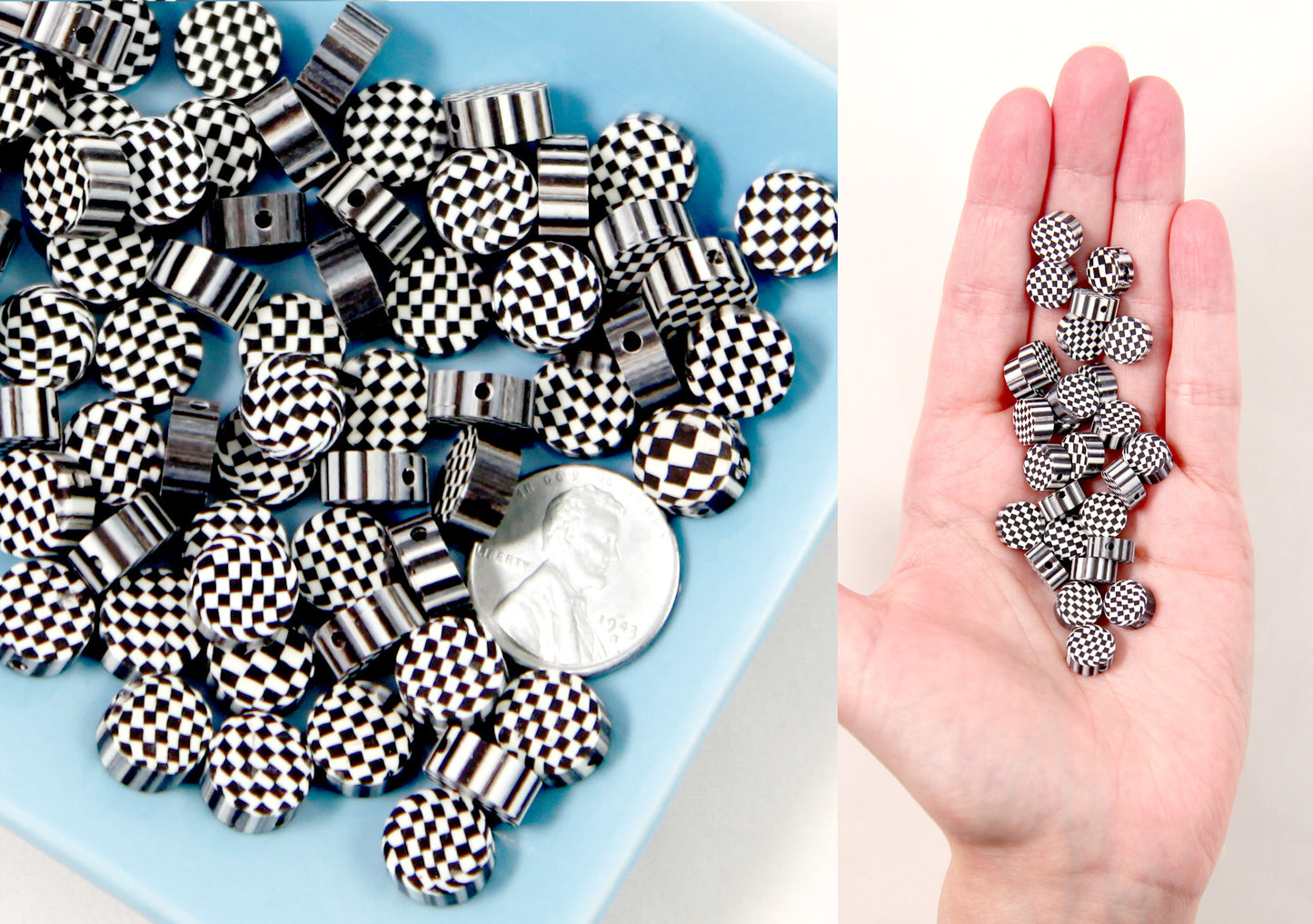 Checker Beads - 10mm Checkerboard Black and White Fimo or Polymer Clay Beads - 50 pc set