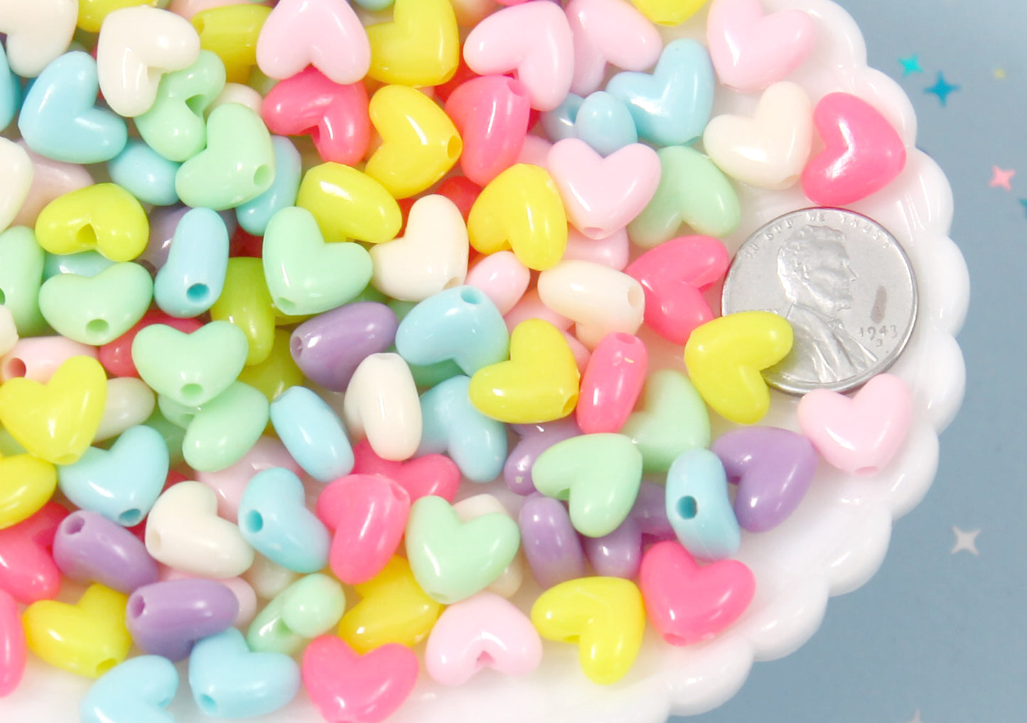 Plastic Heart Beads - 10mm Small Flat Beautiful Bright Plastic Pastel Heart Resin or Acrylic Beads - 200 pc set