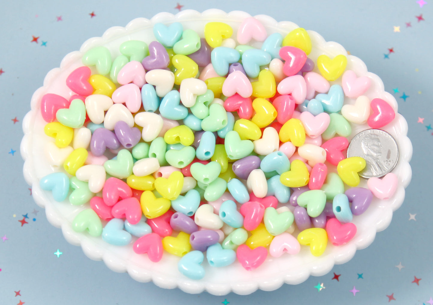 Plastic Heart Beads - 10mm Small Flat Beautiful Bright Plastic Pastel Heart Resin or Acrylic Beads - 200 pc set