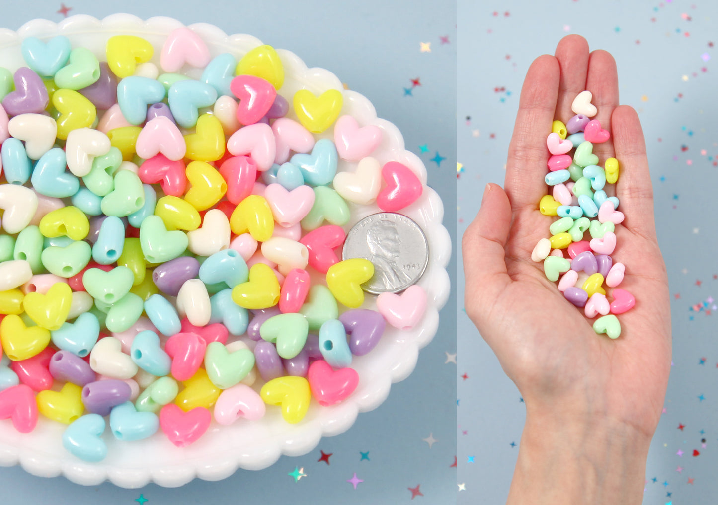 Plastic Heart Beads - 10mm Small Flat Beautiful Bright Plastic Pastel Heart Resin or Acrylic Beads - 200 pc set