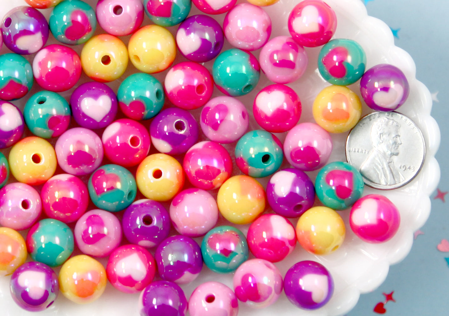 Heart Resin Beads - 12mm Small Inlaid Heart Pattern Gumball Bubblegum Resin or Acrylic Beads - 25 pcs set