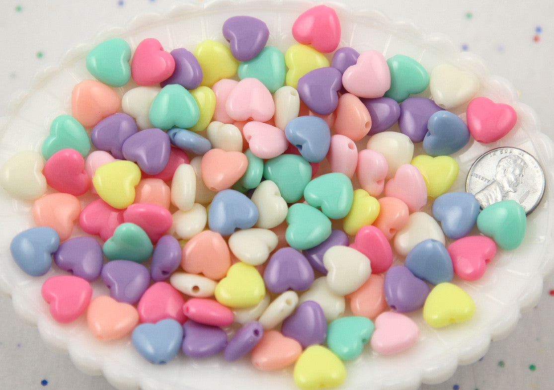 12mm Beautiful Bright Pastel Heart Acrylic or Resin Beads - 100 pcs set