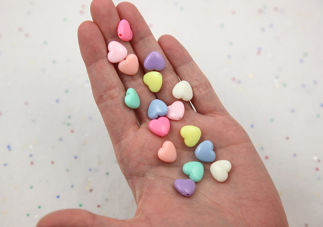 12mm Beautiful Bright Pastel Heart Acrylic or Resin Beads - 100 pcs set