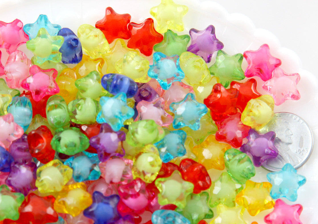 12mm Small Faceted Acrylic Star Beads with Inner Bead - Cute Colorful Little Resin Star Beads - 200 pc set