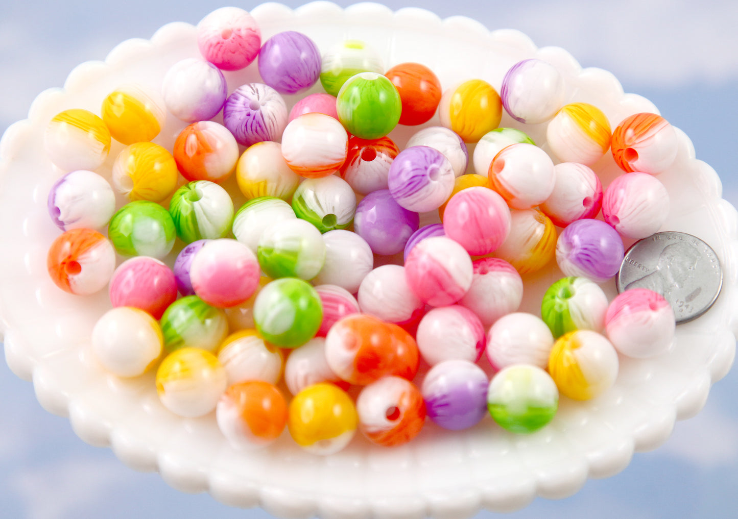 Cute Resin Beads - 12mm Pastel Candy Two Tone Marble Stripe Acrylic or Resin Beads - mixed color, small size beads - 50 pcs set