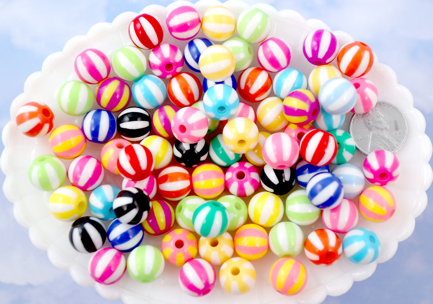 Striped Beads - 12mm Beach Ball Stripe Color Mix Round Resin Beads - 25 pc set