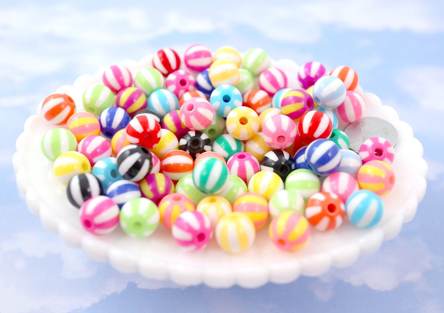 Striped Beads - 12mm Beach Ball Stripe Color Mix Round Resin Beads - 25 pc set