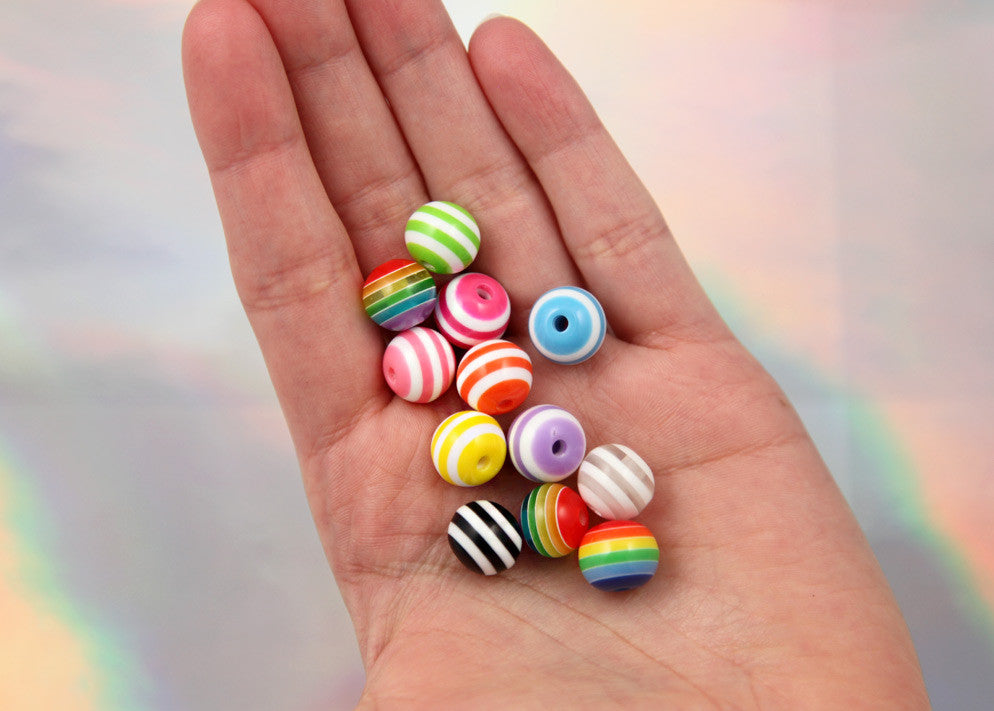 12mm Striped Resin Beads, mixed color, small to medium size beads - 50 pc set