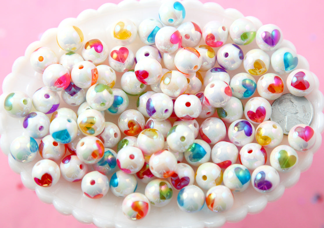 Heart Beads - 12mm Amazing AB Colorful White Inlaid Heart Acrylic or Resin Beads - 28 pcs set
