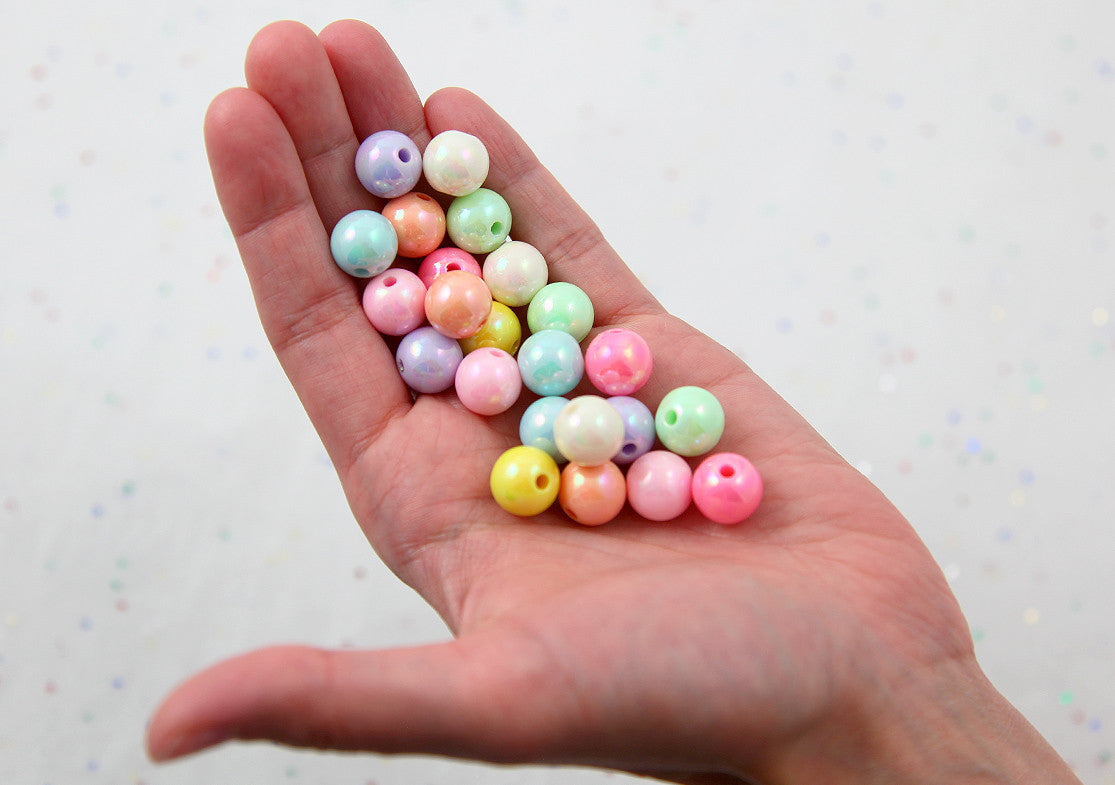 Pastel Beads - 12mm Ice Cream Pastel Colors Shiny AB Iridescent Small Round Shape Plastic or Acrylic Beads - 65 pcs set