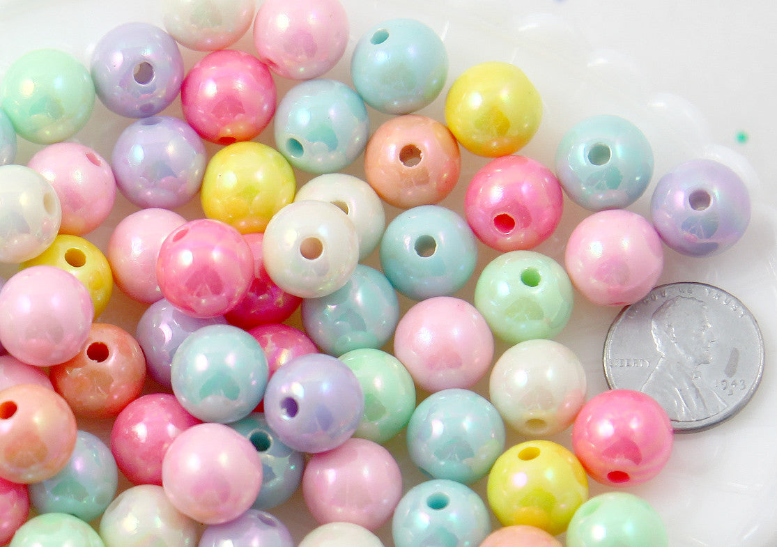 Pastel Beads - 12mm Ice Cream Pastel Colors Shiny AB Iridescent Small Round Shape Plastic or Acrylic Beads - 65 pcs set