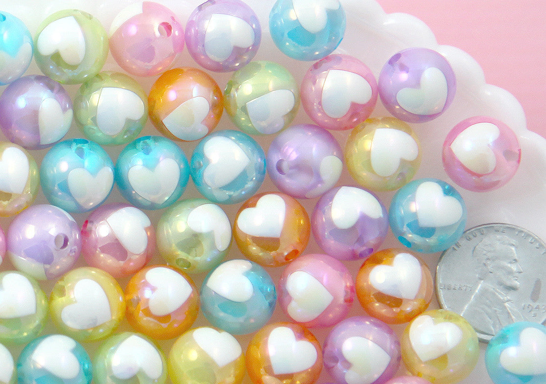 Pastel Heart Beads - 12mm Amazing AB Pastel Inlaid Heart Acrylic or Resin Beads - 24 pcs set