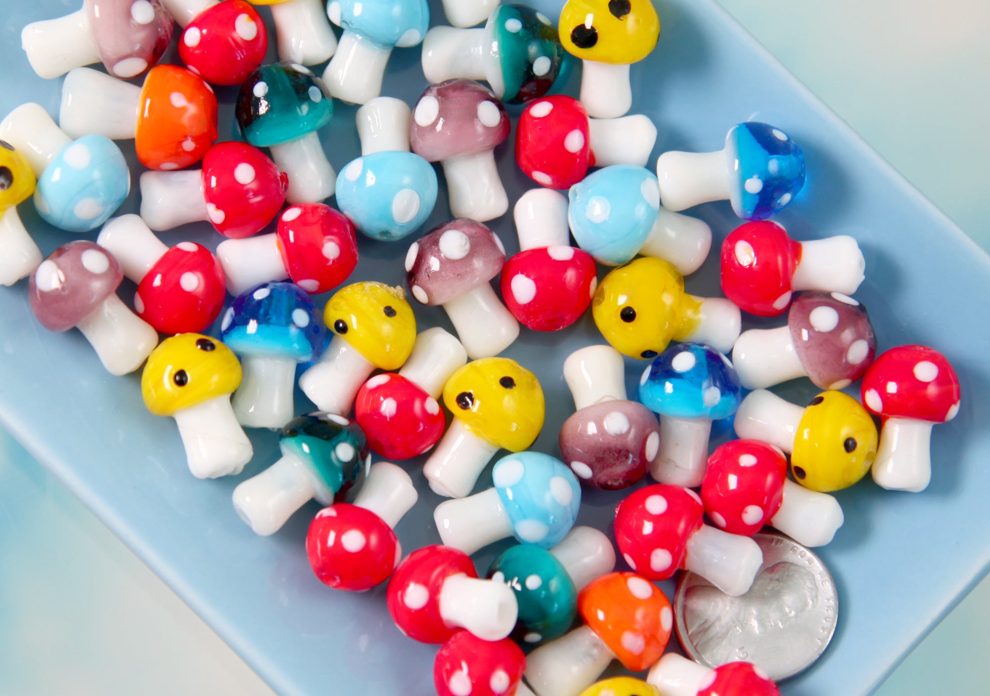 Mushroom Beads - 12mm Little Glass Mushroom Beads - Mixed Colors Set 