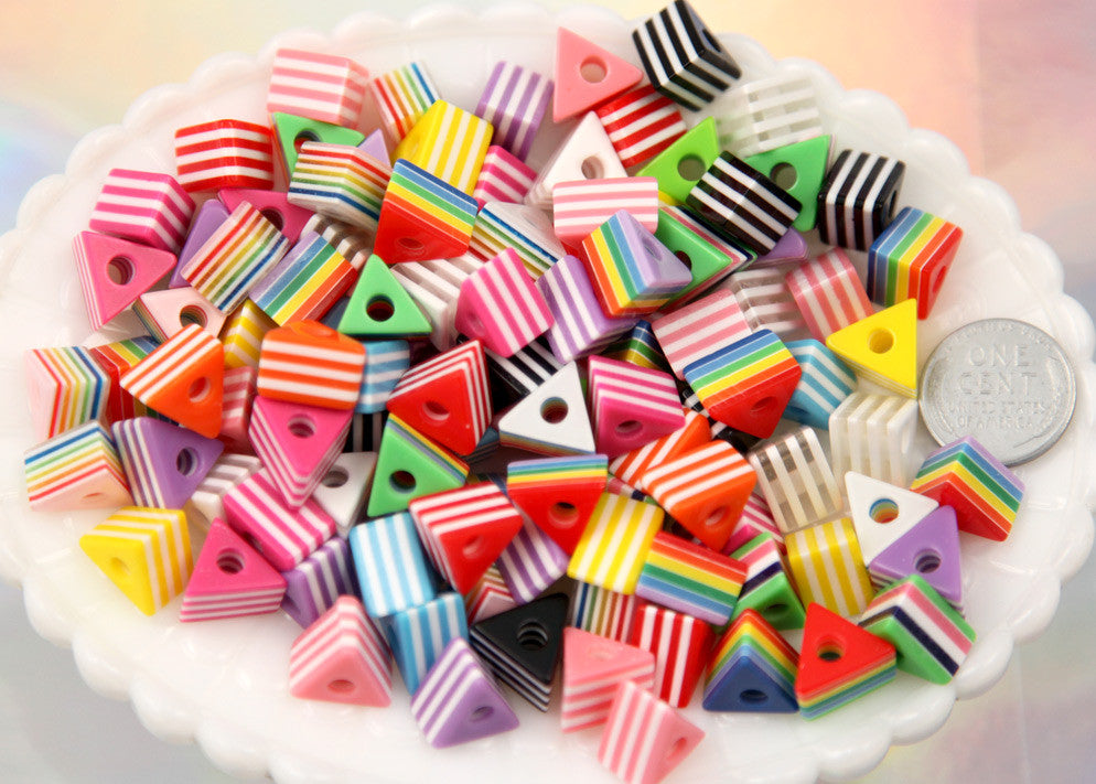 12mm Triangle Striped Resin Beads, mixed color, small size beads - 50 pc set