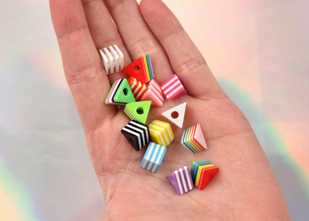 12mm Triangle Striped Resin Beads, mixed color, small size beads - 50 pc set