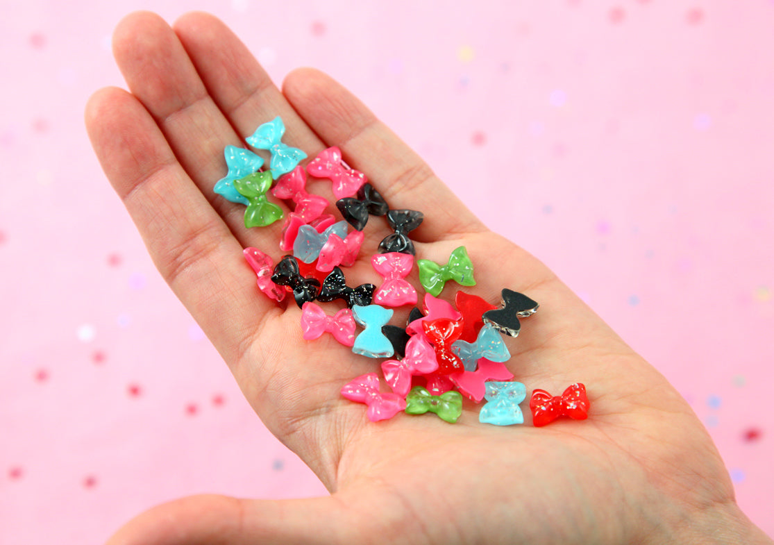 Mini Bows - 12mm Tiny Glitter Bows Resin Ribbon Cabochons - 22 pcs set