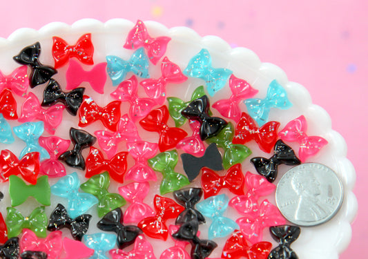 Mini Bows - 12mm Tiny Glitter Bows Resin Ribbon Cabochons - 22 pcs set