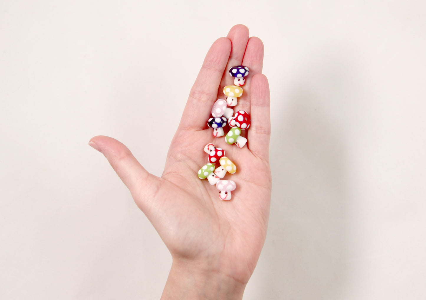 Handmade Glass Lampwork Mushroom Beads - 13mm Cute Mushrooms with Happy Faces - 5 pc set