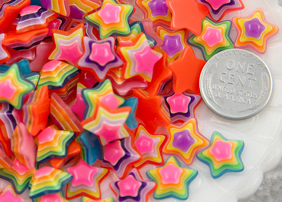 Star Flat Backs - 13mm Tiny Bright Striped Neon Rainbow Stars Resin Cabochons - 16 pc set