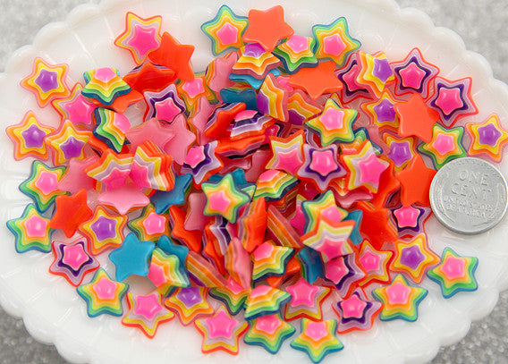 Star Flat Backs - 13mm Tiny Bright Striped Neon Rainbow Stars Resin Cabochons - 16 pc set