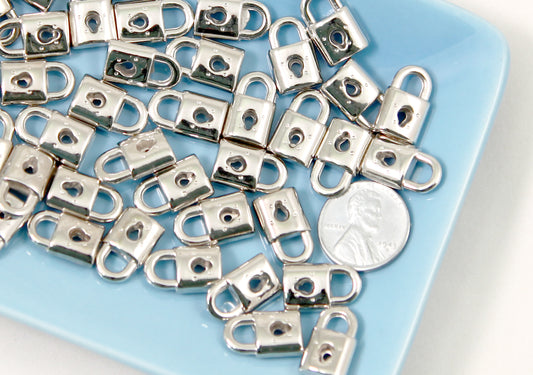 Lock Charms - 50 pc set - 17mm Tiny Electroplated Silver Padlock Charm - Easy to make into Jewelry