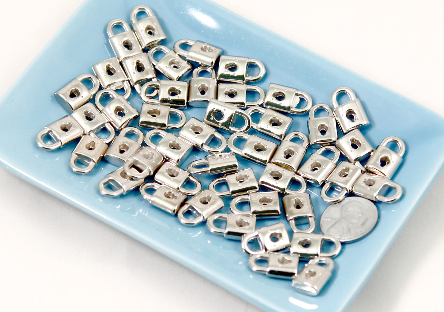 Lock Charms - 50 pc set - 17mm Tiny Electroplated Silver Padlock Charm - Easy to make into Jewelry
