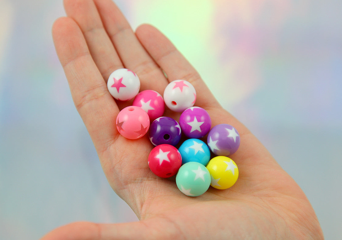 15mm Star Mix Round Resin Beads - Round Beads with Star Print - Kawaii Plastic Star Beads - 20 pc set