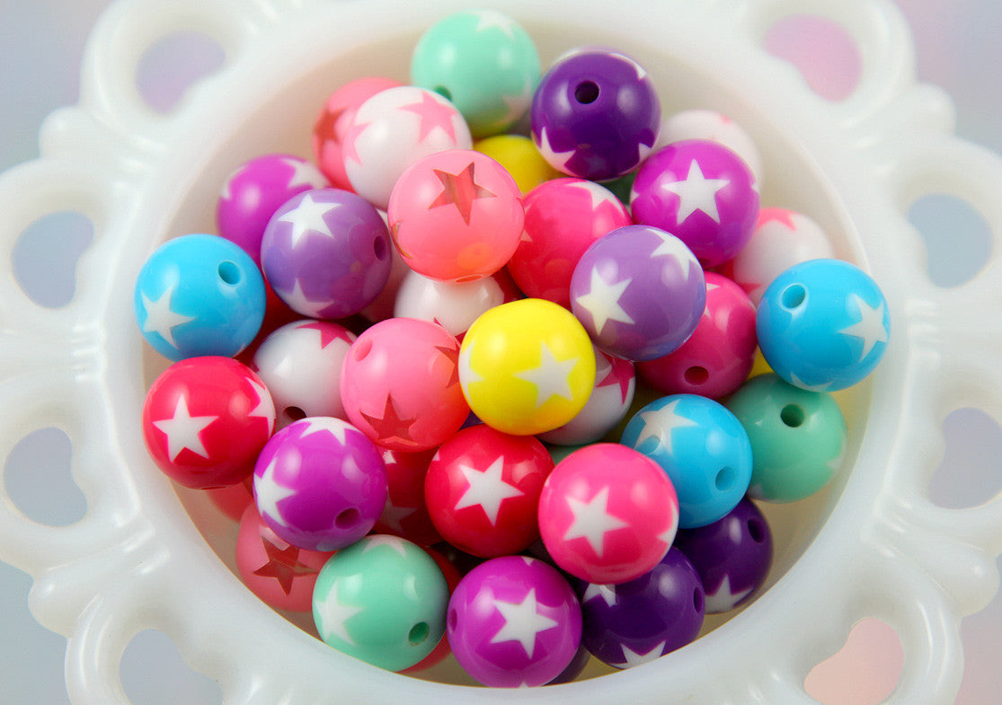 15mm Star Mix Round Resin Beads - Round Beads with Star Print - Kawaii Plastic Star Beads - 20 pc set