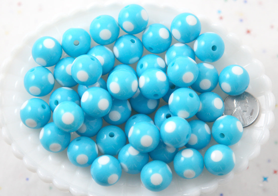 Polka Dot Beads - 15mm Inlaid Polka Dot Resin Beads - Sky Blue - 20 pc set