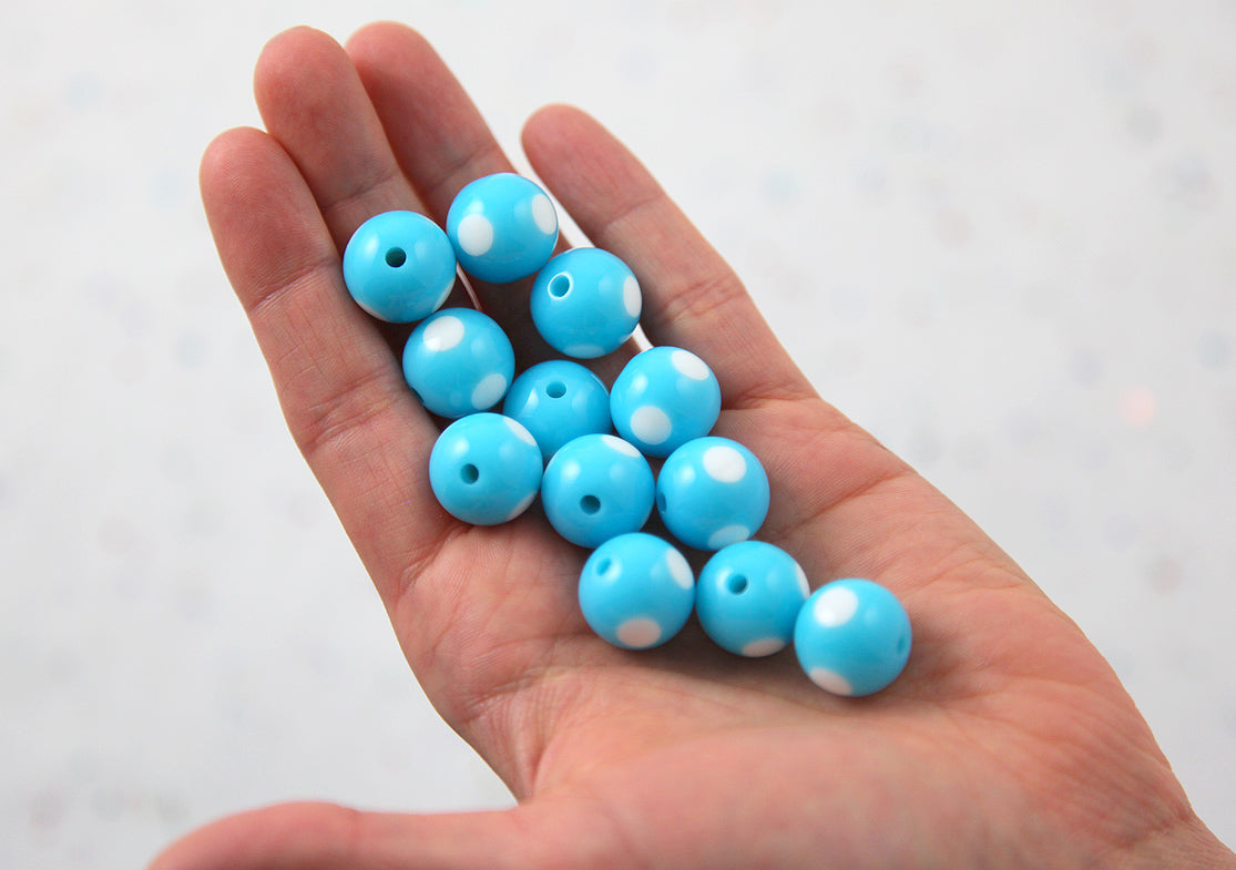 Polka Dot Beads - 15mm Inlaid Polka Dot Resin Beads - Sky Blue - 20 pc set