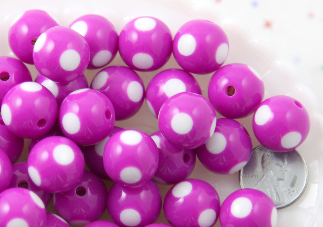 Polka Dot Beads - 15mm Inlaid Polka Dot Resin Beads - Fuchsia Purple - 20 pc set