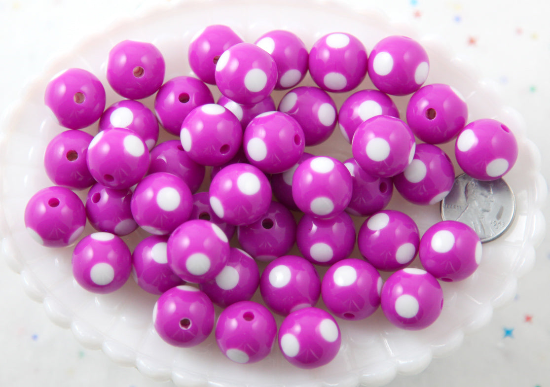 Polka Dot Beads - 15mm Inlaid Polka Dot Resin Beads - Fuchsia Purple - 20 pc set