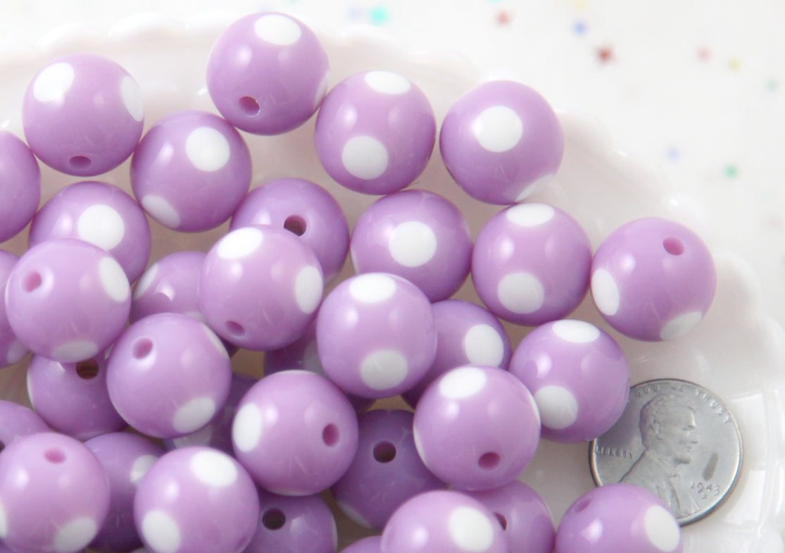 Polka Dot Beads - 15mm Inlaid Polka Dot Resin Beads - Light Purple - 20 pc set