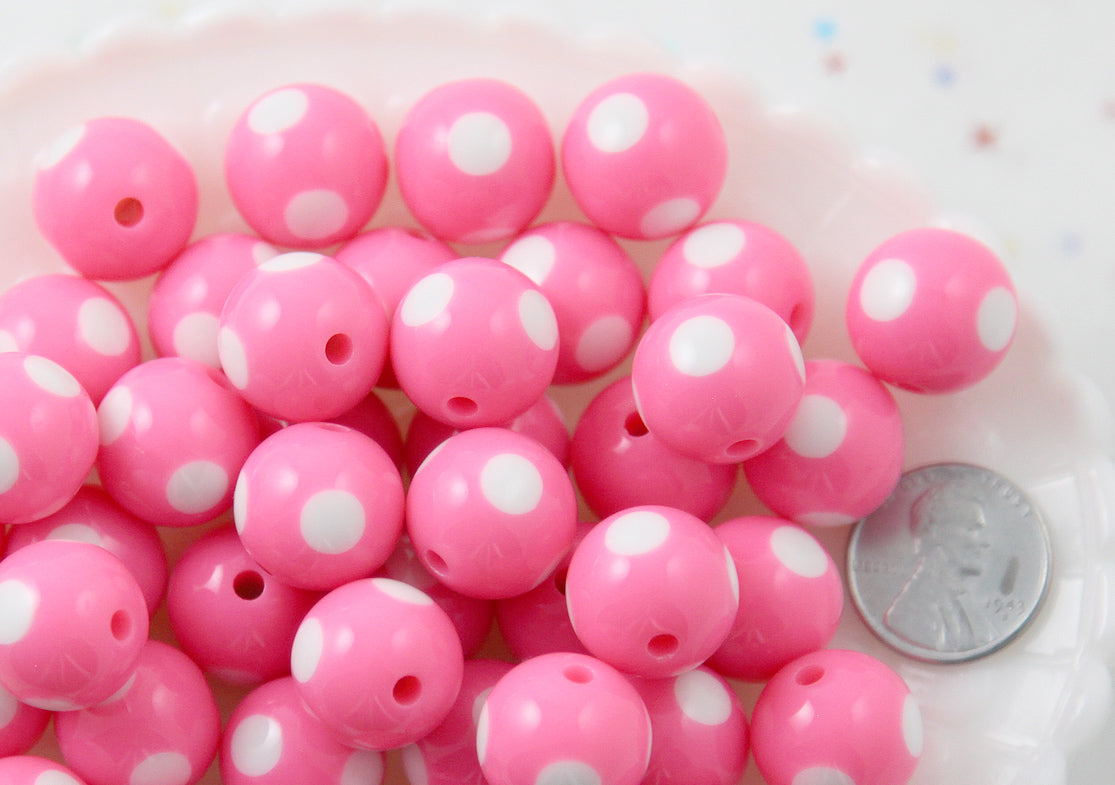 Polka Dot Beads - 15mm Inlaid Polka Dot Resin Beads - Pink - 20 pc set