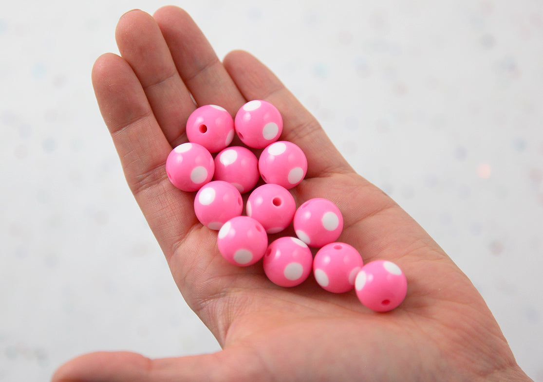 Polka Dot Beads - 15mm Inlaid Polka Dot Resin Beads - Pink - 20 pc set