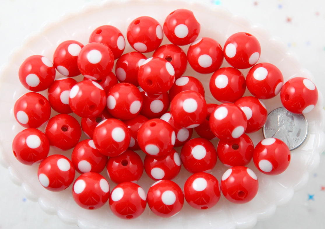 Polka Dot Beads - 15mm Inlaid Polka Dot Resin Beads - Red - 20 pc set