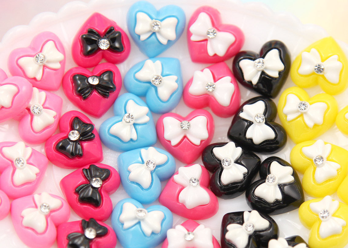 15mm Mixed Color Rhinestone Bow Heart Resin Cabochons - 6 pcs set