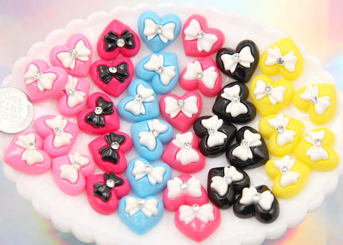 15mm Mixed Color Rhinestone Bow Heart Resin Cabochons - 6 pcs set