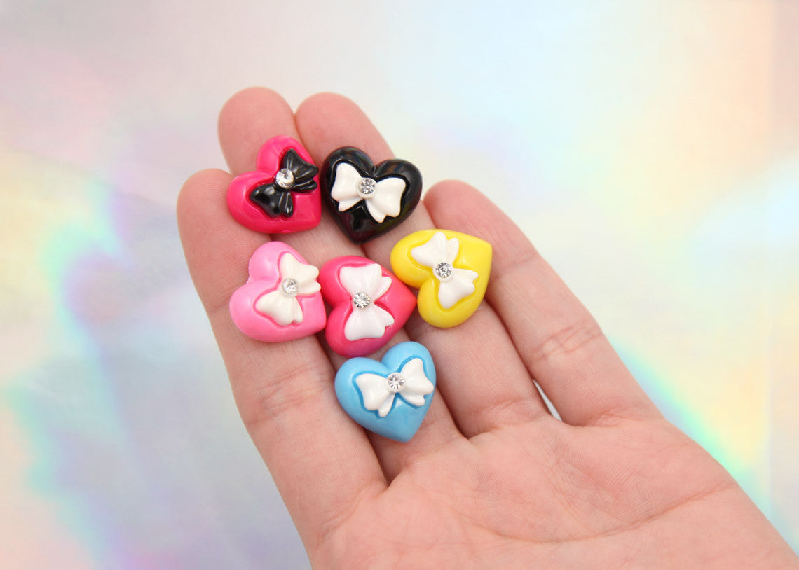 15mm Mixed Color Rhinestone Bow Heart Resin Cabochons - 6 pcs set